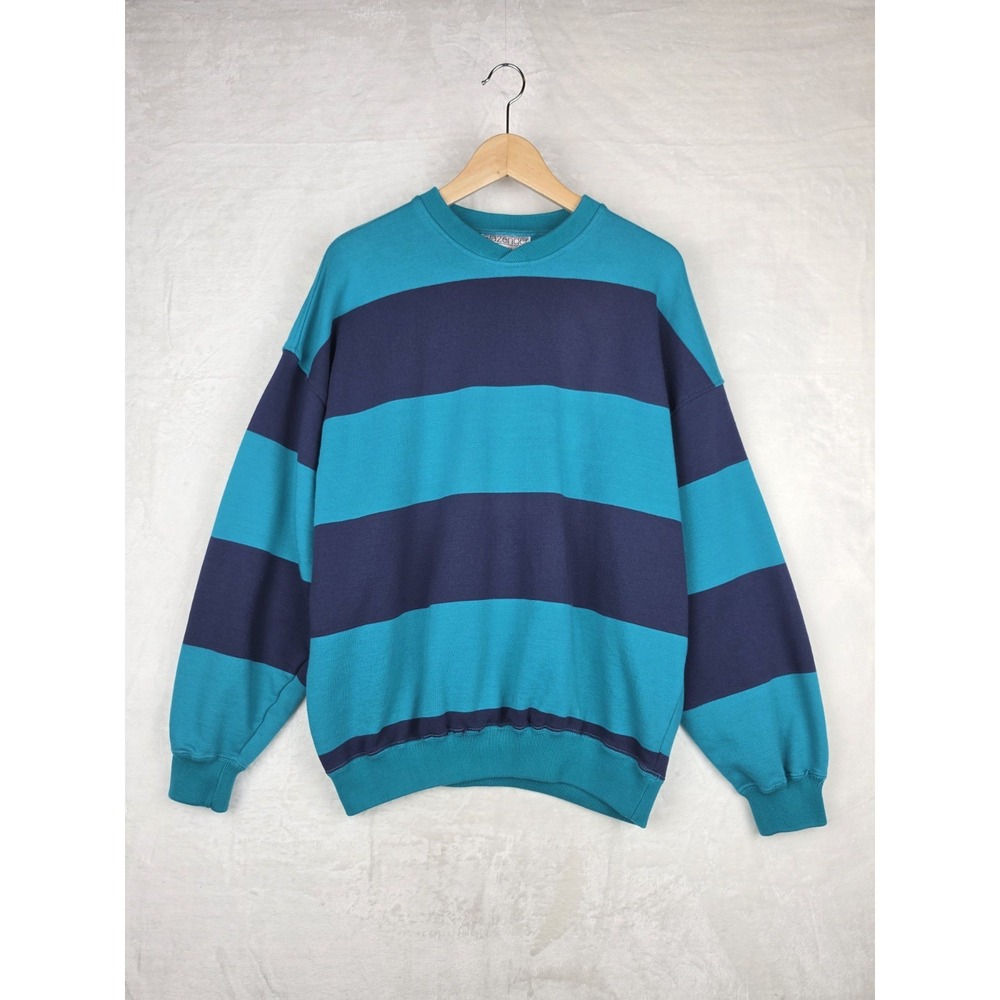 Vintage Slazenger Sweatshirt Mens Large Teal Navy Stripe 100% Cotton Hong Kong